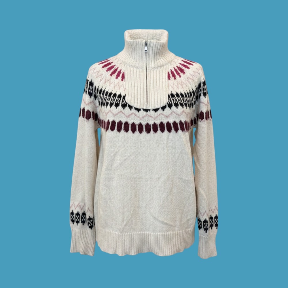 Adrienne Vittadini Quarter Zip Fair Isle Sweater Womens L Cream Fair Isle Good
